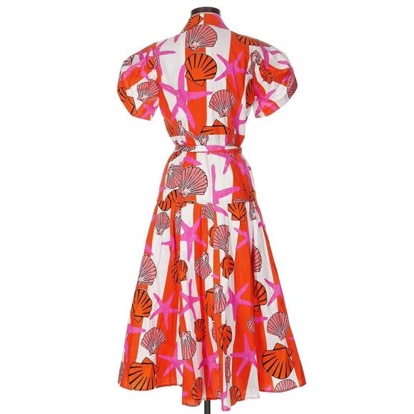 LHD Glades sea shell starfish striped cotton button up belted midi dress Size 8 - Picture 3 of 12